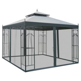 10' x 10' Patio Gazebo with Corner Frame Shelves, Double Roof Outdoor Gazebo Canopy Shelter with Netting for Patio, Wedding, Catering & Events, Gray
