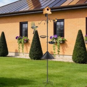 Adjustable Bird Feeder Pole Stand, Heavy Duty Iron Bird Feeding Station with Squirrel Proof Baffle, Multiple Hooks & Brackets for Bird Feeders, L (Option: 91in)